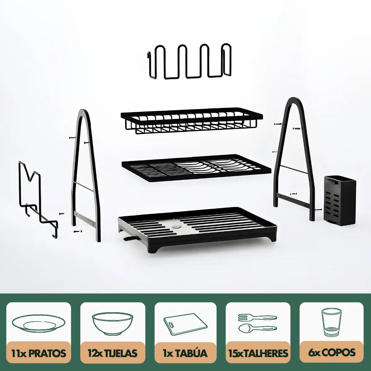 Escorredor e Organizador De Louças Inox Preto - Cliquemaster